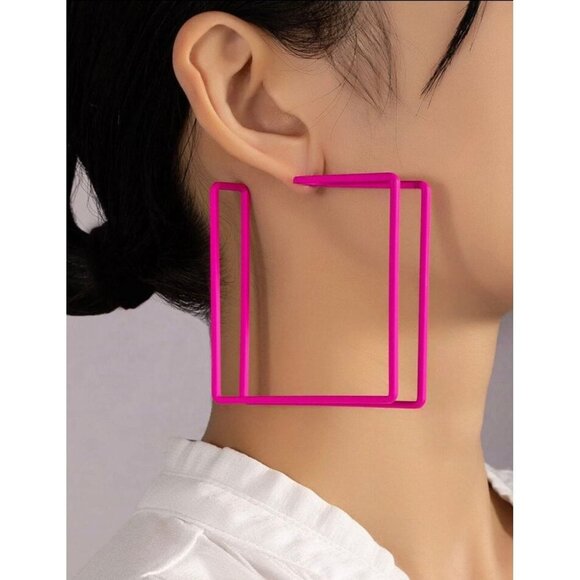 Hot pink hoops big earrings large big neon pink hoop square fuchsia , huge 2.75" - Picture 1 of 3